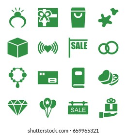 Gift icons set. set of 16 gift filled icons such as ring, necklace, diamond, heart, sweet box, cookie, balloon, photo album, sale tag, parcel, box, shopping bag, sale