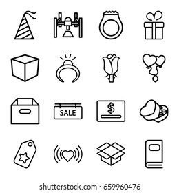 Gift icons set. set of 16 gift outline icons such as present, ring, heart, rose, box, heart balloons, sweet box, party hat, photo album, sale tag, tag