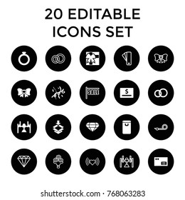 Gift icons. set of 20 editable filled and outline gift icons such as parcel, engagement ring, ring, dollar card, box, bow, confetti, tag, gem, heart, sale, party pipe