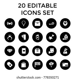 Gift icons. set of 20 editable filled gift icons such as tag, ring, necklace, heart, parcel, box, party hat, notebook with heart. best quality gift elements in trendy style.