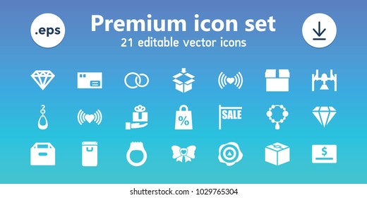 Gift icons. set of 21 editable filled gift icons includes necklace, heart, diamond, parcel, box, sale, dollar card, bow, rings, shopping sale, gift on hand, ring, earring