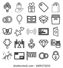 Gift icons. set of 25 editable outline gift icons such as present, necklace, diamond, sale, engagement ring, gift, box, bow, heart lock, rings, tag, cookie, confetti