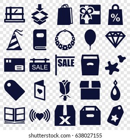 Gift icons set. set of 25 gift filled icons such as parcel, earring, heart, diamond, gift, shopping bag, rose, box, party hat, balloon, cookie, love card, photo album