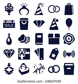 Gift icons set. set of 25 gift filled icons such as tag, gem, ring, diamond, earring, heart, gift, shopping bag, arrow up, box, sweet box, rings, party hat, balloon