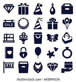 Gift icons set. set of 25 gift filled icons such as parcel, diamond, necklace, earring, diamond, notebook with heart, present, bow, heart lock, box, party hat, balloon