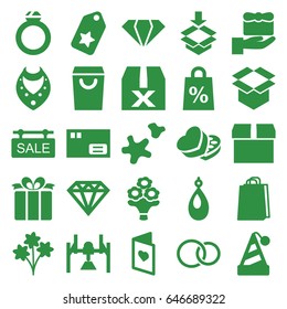 Gift icons set. set of 25 gift filled icons such as gem, necklace, earring, diamond, shopping bag, box, present, sweet box, rings, cookie, bouquet flower, love card, sale tag