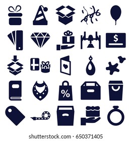 Gift icons set. set of 25 gift filled icons such as tag, present, diamond, necklace, earring, box, balloon, party pipe, cookie, confetti, love card, photo album, shopping sale