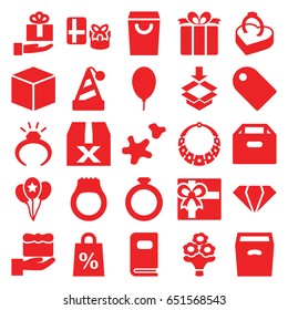Gift icons set. set of 25 gift filled icons such as gem, ring, box, present, balloon, ring in box, cookie, bouquet flower, photo album, tag, shopping sale, necklace