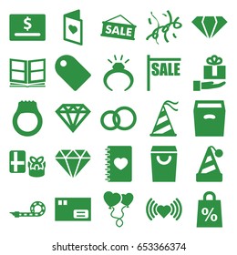 Gift icons set. set of 25 gift filled icons such as gem, ring, diamond, heart, diamond, notebook with heart, heart balloons, box, party hat, party pipe, confetti, love card