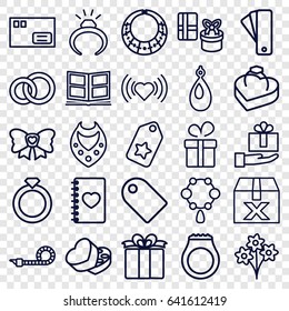 Gift icons set. set of 25 gift outline icons such as tag, present, ring, necklace, earring, heart, notebook with heart, bow, sweet box, ring in box, party pipe, photo album