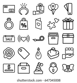 Gift icons set. set of 25 gift outline icons such as tag, ring, earring, heart, arrow up, present, bow, heart lock, box, ring in box, party pipe, cookie, balloon, love card