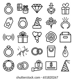 Gift icons set. set of 25 gift outline icons such as present, ring, earring, heart, diamond, arrow up, box, heart balloons, rings, party hat, confetti, tag, shopping bag