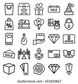 Gift icons set. set of 25 gift outline icons such as parcel, tag, present, diamond, earring, diamond, rose, arrow up, box, bow, heart lock, balloon, photo album, sale tag