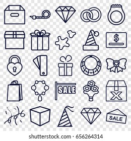 Gift icons set. set of 25 gift outline icons such as tag, present, necklace, diamond, diamond, shopping bag, bow, heart lock, party hat, party pipe, cookie, confetti