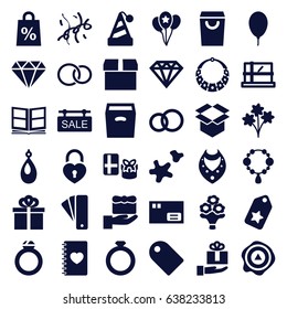 Gift icons set. set of 36 gift filled icons such as parcel, tag, necklace, diamond, earring, diamond, box, arrow up, notebook with heart, heart lock, rings, balloon, cookie