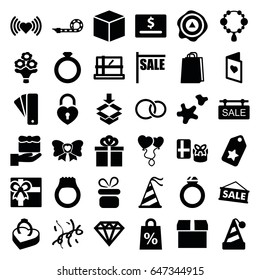 Gift icons set. set of 36 gift filled icons such as parcel, tag, present, necklace, heart, diamond, gift, shopping bag, arrow up, box, heart balloons, bow, heart lock, rings
