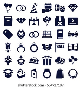 Gift icons set. set of 36 gift filled icons such as parcel, gem, ring, necklace, heart, diamond, shopping bag, rose, box, heart balloons, present, bow, sweet box, rings