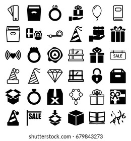 Gift icons set. set of 36 gift filled and outline icons such as parcel, heart, box, arrow up, present, heart lock, party hat, confetti, photo album, ring, question box, tag
