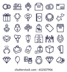 Gift icons set. set of 36 gift outline icons such as parcel, tag, gem, ring, necklace, diamond, rose, box, notebook with heart, heart balloons, present, sweet box, heart lock
