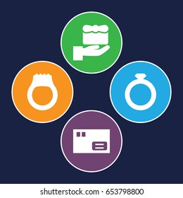 Gift icons set. set of 4 gift filled icons such as ring, parcel