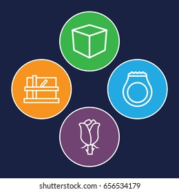Gift icons set. set of 4 gift outline icons such as parcel, rose, box