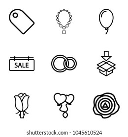 Gift icons. set of 9 editable outline gift icons such as rose, box, heart balloons, rings, tag, balloon, sale tag, necklace