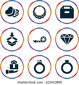 Gift icons set. set of 9 gift filled icons such as diamond, box, sweet box, party pipe, gift on hand, ring
