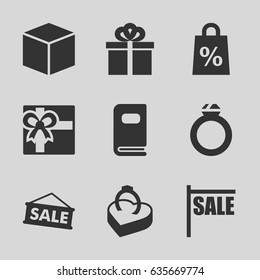 Gift icons set. set of 9 gift filled icons such as gift, ring in box, photo album, sale, shopping sale, ring