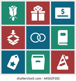 Gift icons set. set of 9 gift filled icons such as rose, box, rings, gift, photo album, party hat, tag