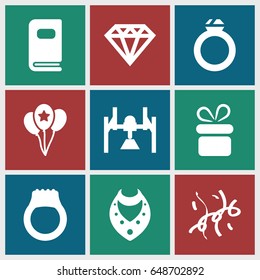Gift icons set. set of 9 gift filled icons such as present, necklace, diamond, confetti, balloon, photo album, ring