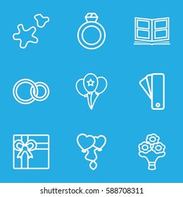 gift icons set. Set of 9 gift outline icons such as tag, gift, heart balloons, rings, cookie, bouquet flower, balloon, photo album