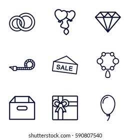 gift icons set. Set of 9 gift outline icons such as necklace, Diamond, gift, heart balloons, balloon, party pipe, box, engagement ring