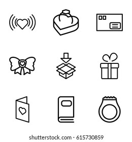 Gift icons set. set of 9 gift outline icons such as present, heart, box, bow, ring in box, love card, photo album, parcel