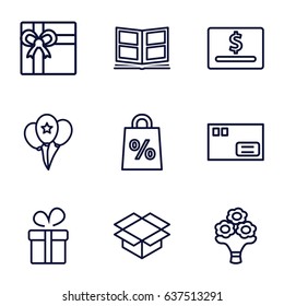 Gift icons set. set of 9 gift outline icons such as present, gift, box, bouquet flower, balloon, photo album, parcel, dollar card