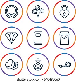 Gift icons set. set of 9 gift outline icons such as gem, box, sweet box, heart lock, party pipe, photo album, shopping bag, necklace