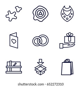 Gift icons set. set of 9 gift outline icons such as parcel, necklace, shopping bag, arrow up, box, cookie, love card, engagement ring