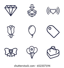 Gift icons set. set of 9 gift outline icons such as gem, heart, rose, box, bow, balloon, ring in box