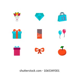 Gift icons set. Bouquet and gift icons with shopping bag, bow and present. Set of natural for web app logo UI design.