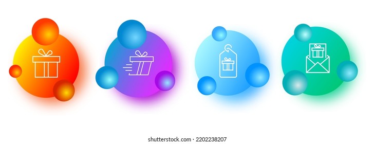 Juego de iconos de regalo. Caja, embalaje, paquete, cupón, entrega de sobres. Concepto de regalo. Gradientstyle. Icono de línea de vector para negocios.