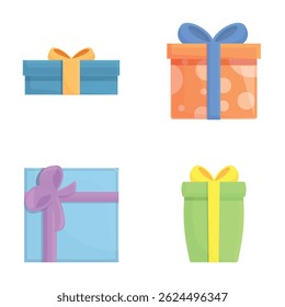 Gift icons set cartoon vector. Colored gift box with ribbon. Surprise, festive event