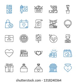 gift icons set. Collection of gift with heart, clothing shop, engagement ring, valentines day, mall, groom, in love, sale, package, necklace. Editable and scalable gift icons.