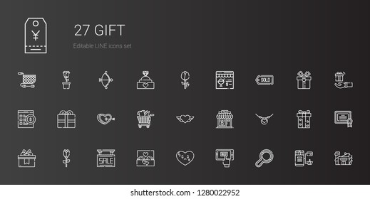 gift icons set. Collection of gift with rattle, mobile shopping, broken heart, wedding ring, sale, rose, necklace, clothing shop, heart, shopping cart. Editable and scalable gift icons.