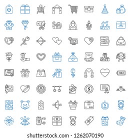 gift icons set. Collection of gift with sock, tag, teddy bear, online shopping, wedding bells, diamond, discount, package, gifts, cupid, bear. Editable and scalable gift icons.