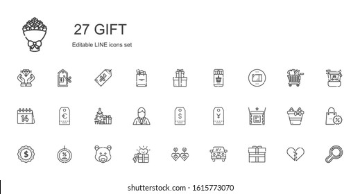 gift icons set. Collection of gift with wedding car, earrings, bear, discount, label, unboxing, tag, groom, christmas tree, valentines day, package. Editable and scalable gift icons.