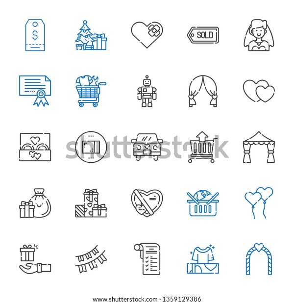 gift icons set. Collection of gift with wedding\
arch, gifts, shopping list, garlands, ballons, online shopping,\
cart, wedding car, package, wedding ring. Editable and scalable\
gift icons.