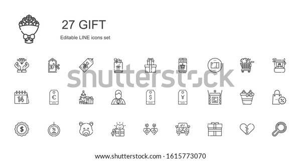 gift\
icons set. Collection of gift with wedding car, earrings, bear,\
discount, label, unboxing, tag, groom, christmas tree, valentines\
day, package. Editable and scalable gift\
icons.