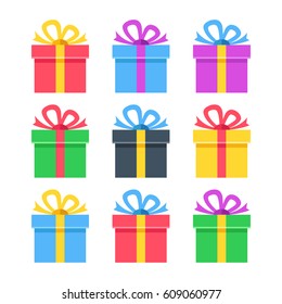 Gift icons set. Colorful gift boxes collection. Flat design graphic elements, flat icons set for web banners, websites, printed materials, etc. Vector illustration.