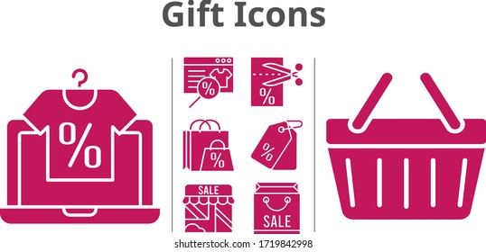 conjunto de iconos de regalo. tienda en línea, bolsa de compras, tienda, vale, etiqueta de precio, iconos de cesta de compras. estilos rellenos.