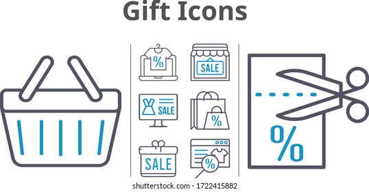 gift icons set. included gift, online shop, shopping bag, shop, voucher, shopping-basket icons. bicolor styles.