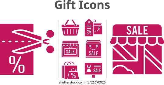 gift icons set. included shopping bag, online shop, shop, voucher, shopping-basket icons. filled styles.